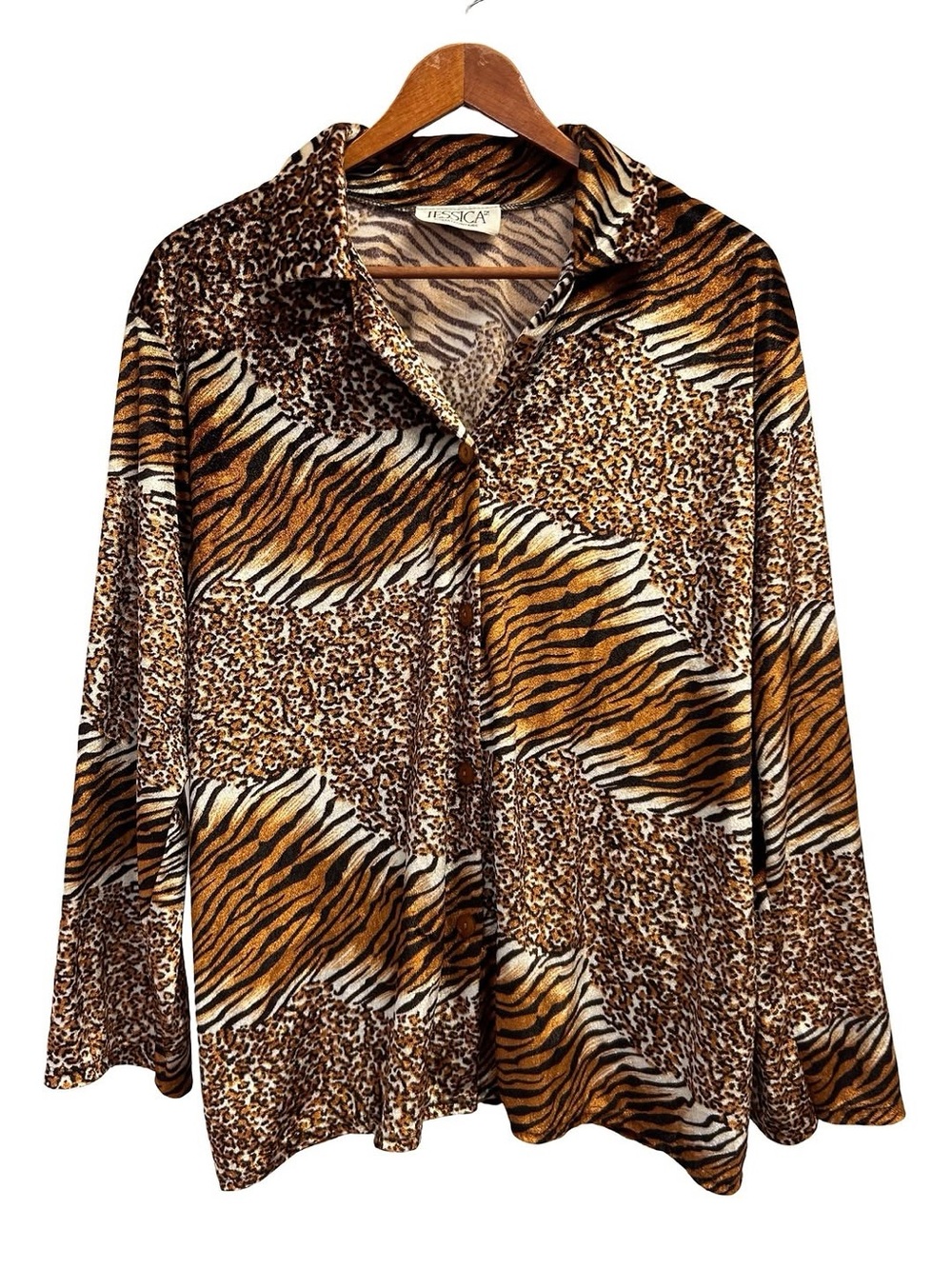 Vintage Y2K Animal Print Button Front Blouse Tiger Leopard Top